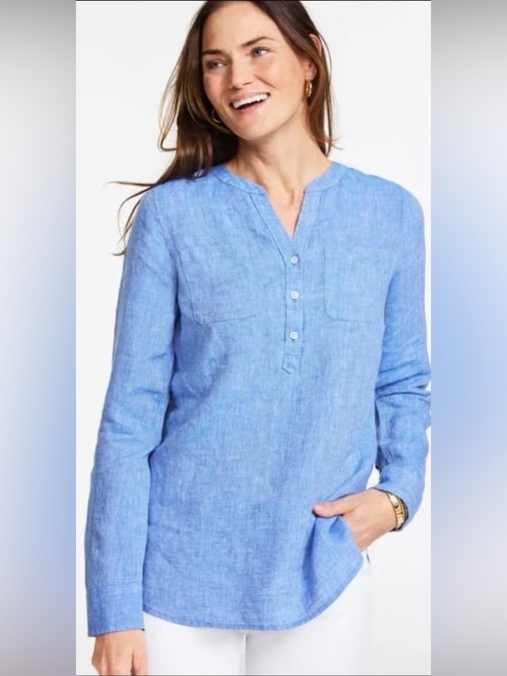 Talbots petites Lp blue Long Sleeve linen popover Blouse button accent